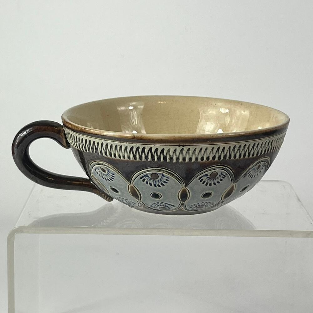 German Blue Flower Coffee Cup Signed Pottery Vtg Unique 1.5" Tea Wine Handarbeit